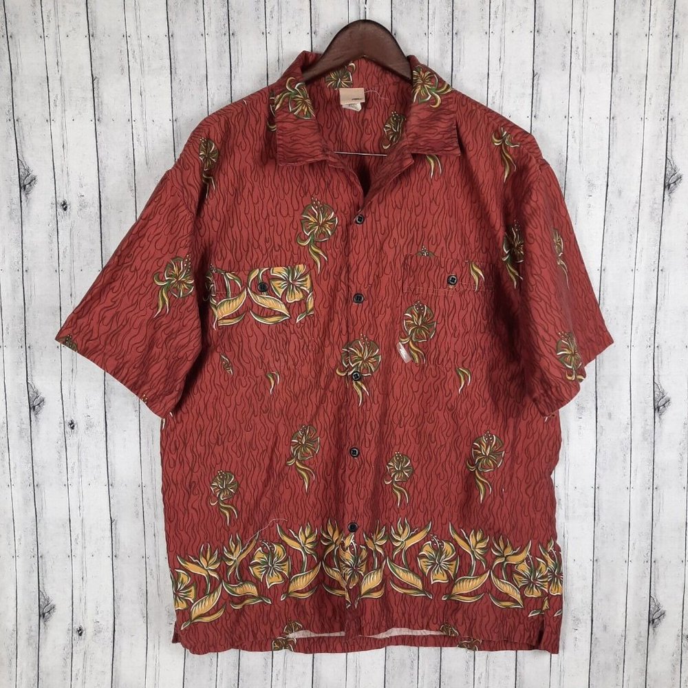Vintage No Fear Hawaiian Button Shirt Men's XL Floral Flames